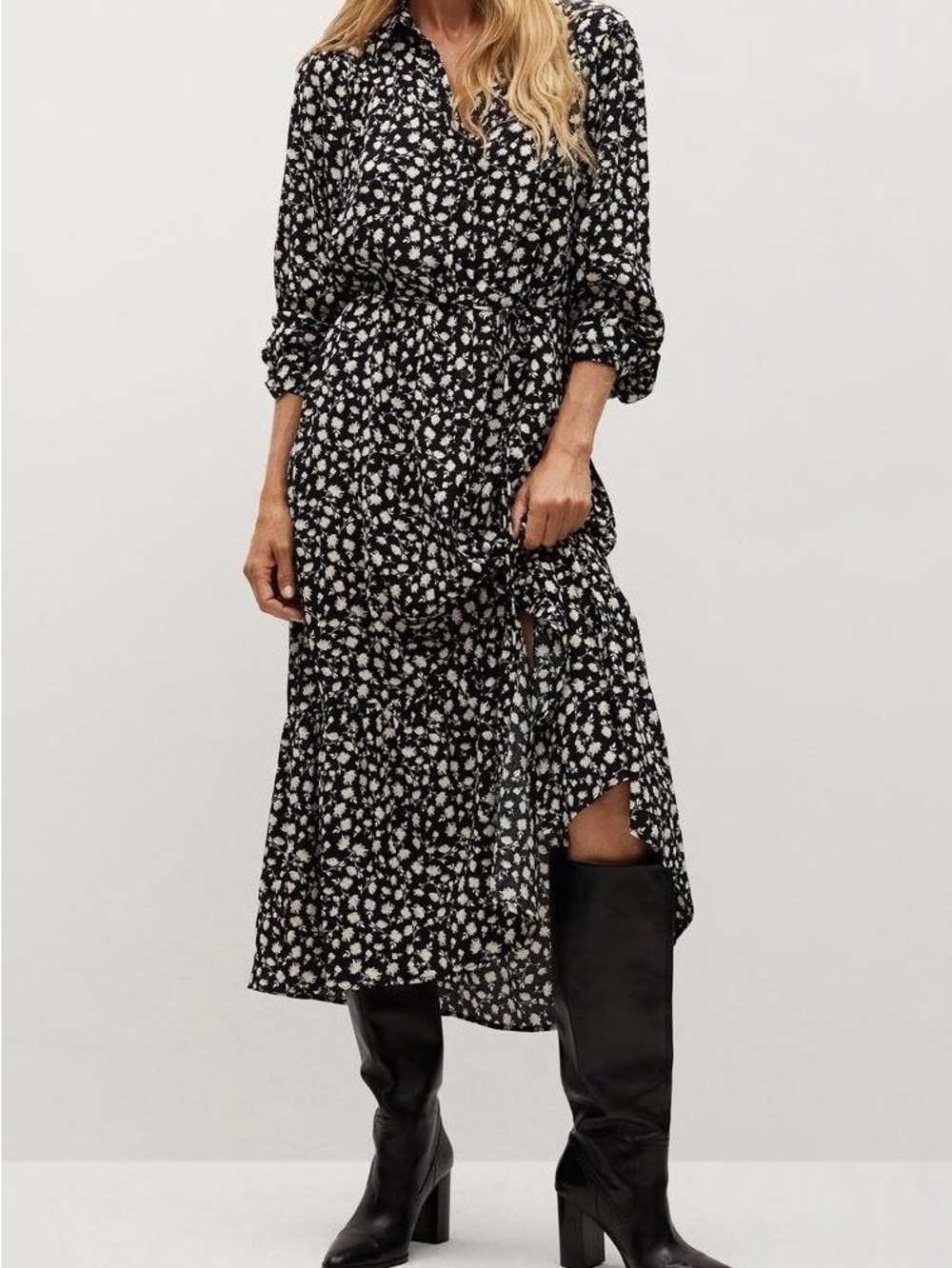 Mango Floral Midi Dress Black Beige Size Small